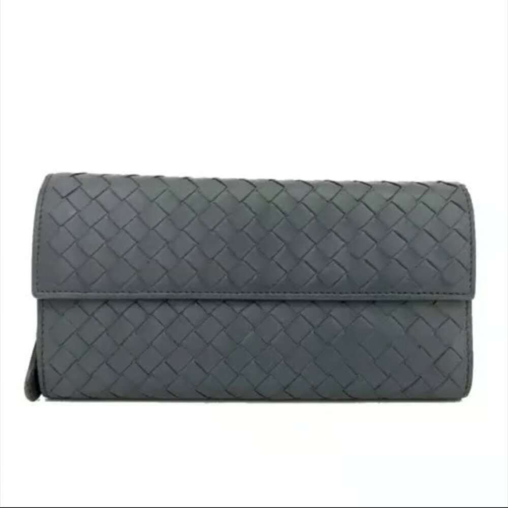BOTTEGA VENETA INTRECCIATO BLUE LAMBSKIN LONG BIFOLD WALLET